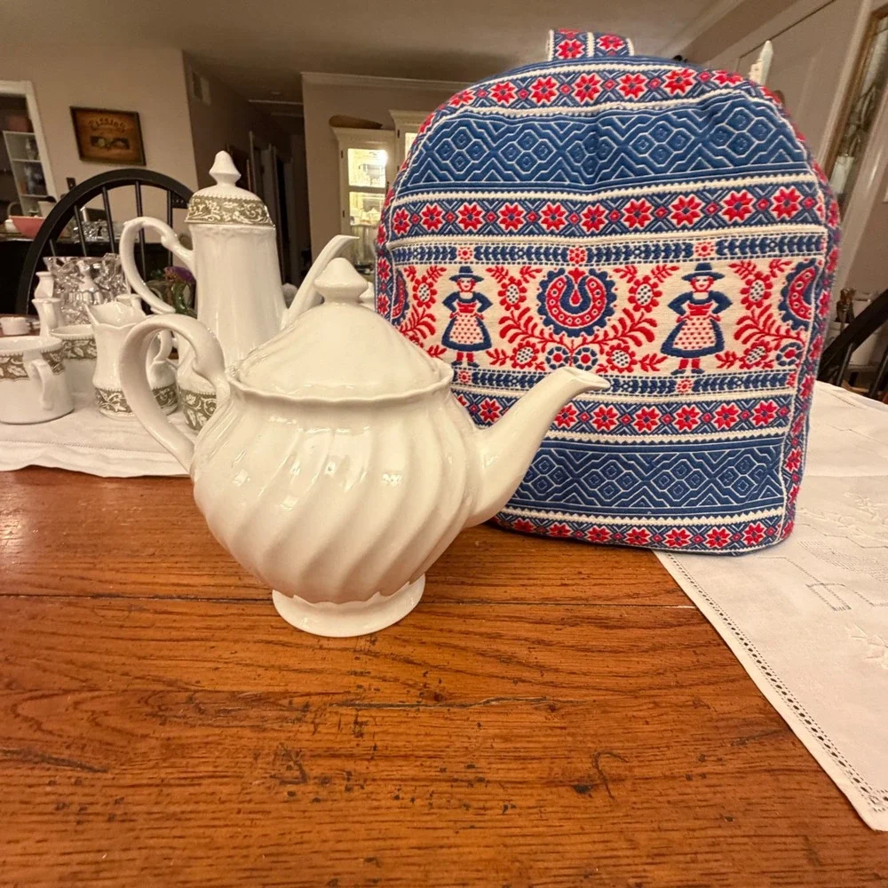 Vintage Tea Cozy Folk Art Woven Red Blue Woven Padded Teapot Cover